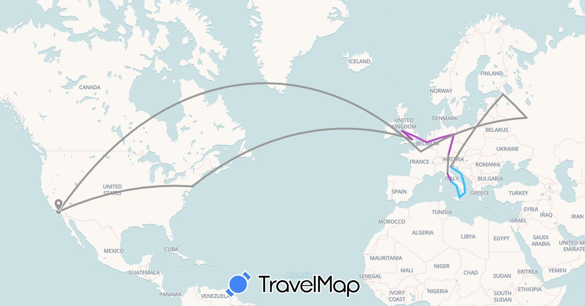 TravelMap itinerary: driving, plane, train, boat in Belgium, Germany, France, United Kingdom, Croatia, Italy, Russia, United States (Europe, North America)